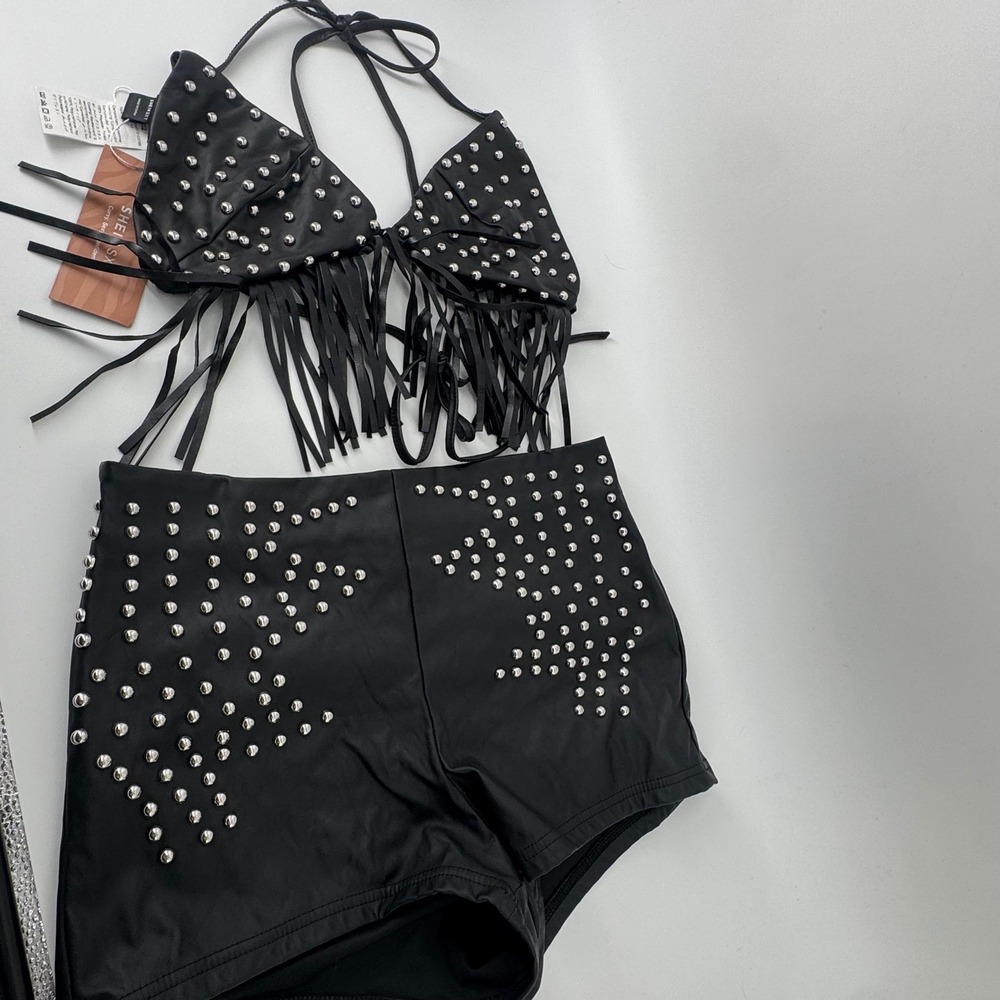 SXY Black Faux Leather Studded Fringe 2 Piece Set Shorts Top Medium NEW